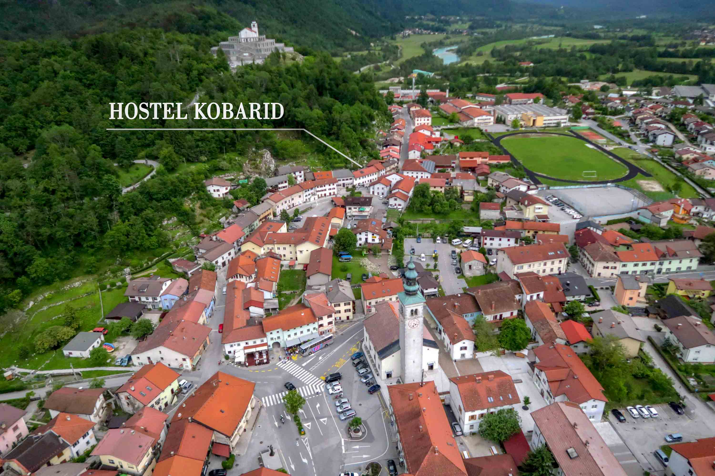 Breathtaking bird's-eye view of Premium Hostel Kobarid in the center of Kobarid